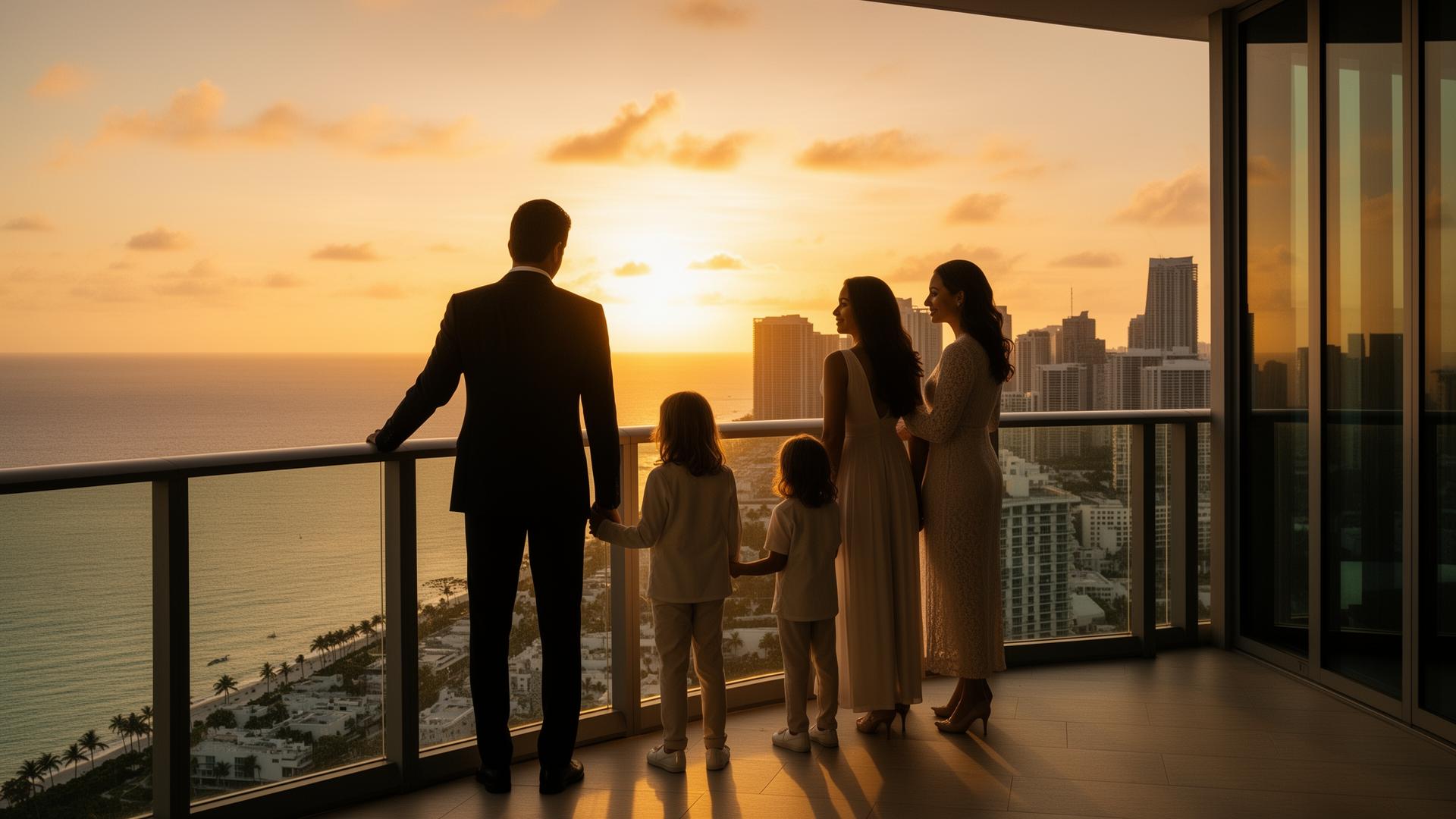 Família observando o skyline de Miami ao pôr do sol